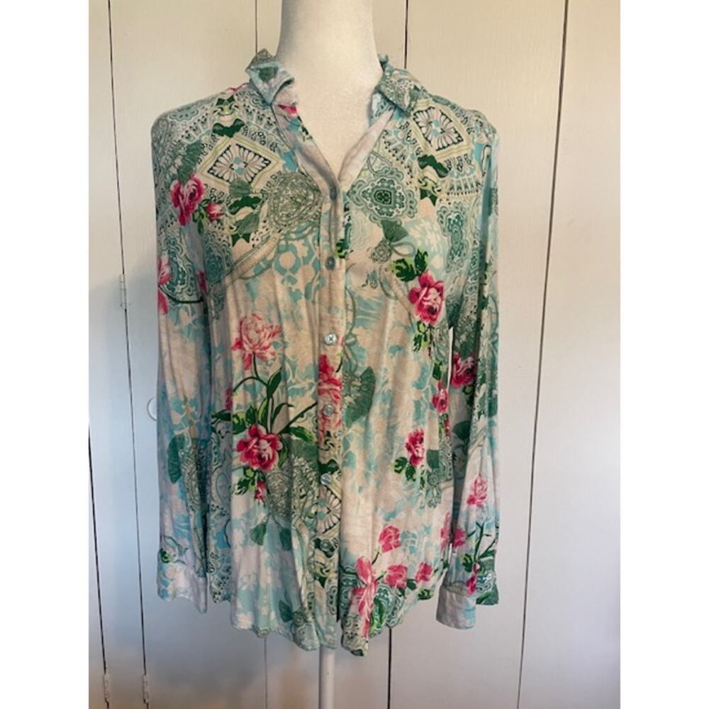 Chico's Size 1 (8 Regular) Women's V-Neck Button Front White Floral